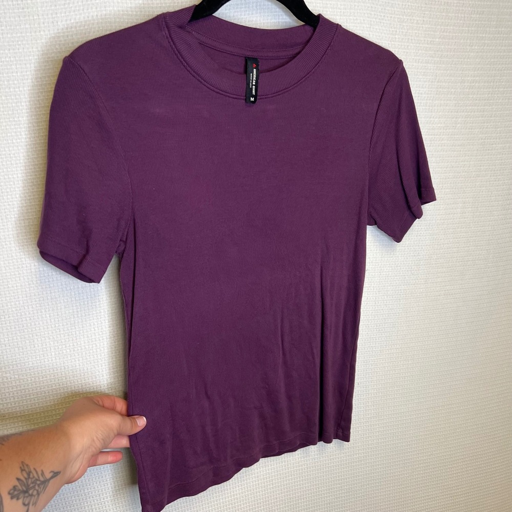 American Giant Women Ribbed Short Sleeve Crewneck Tee Plum Purple Size M USA